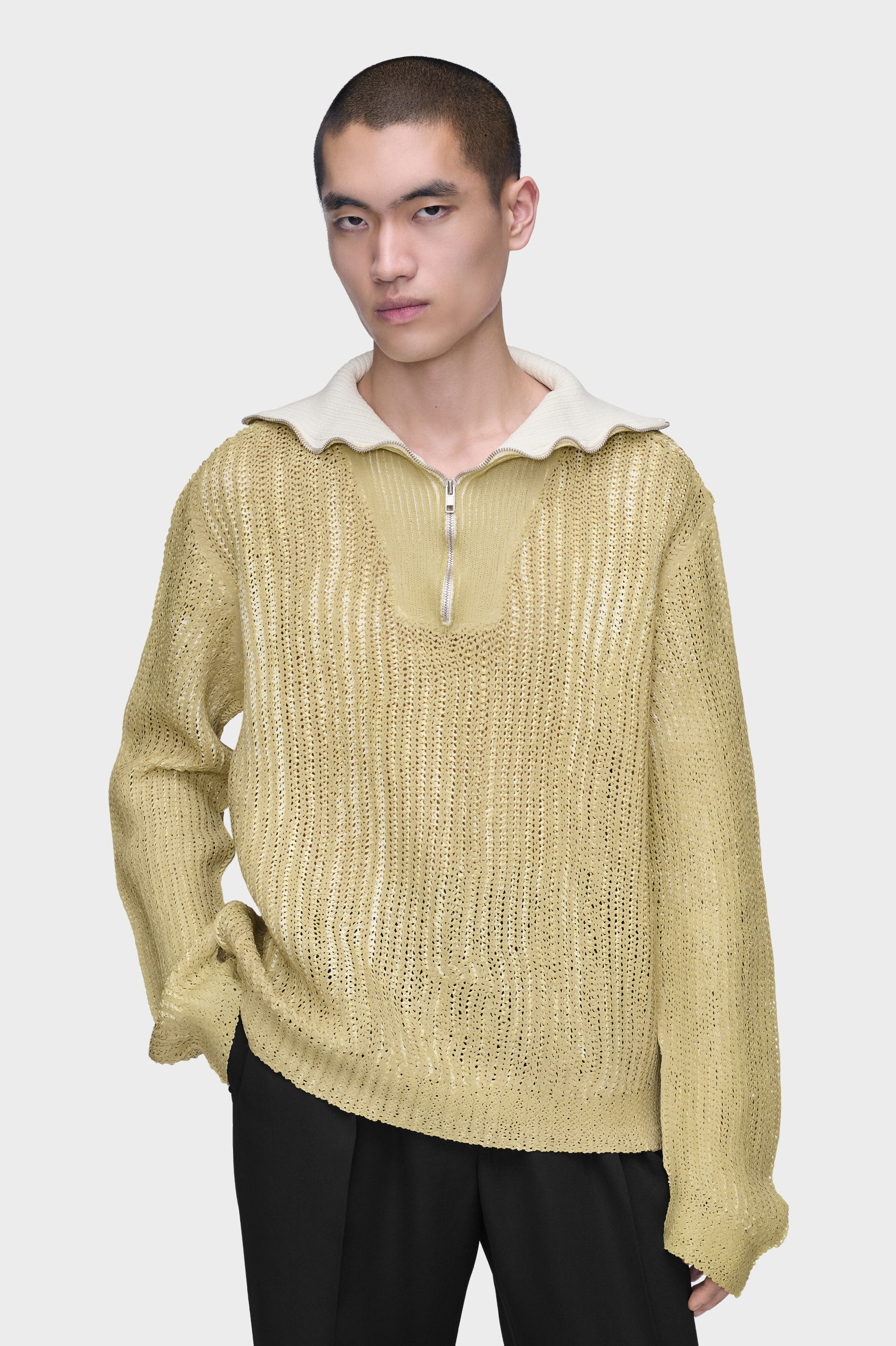Zip-Neck Open-Knit Sweater