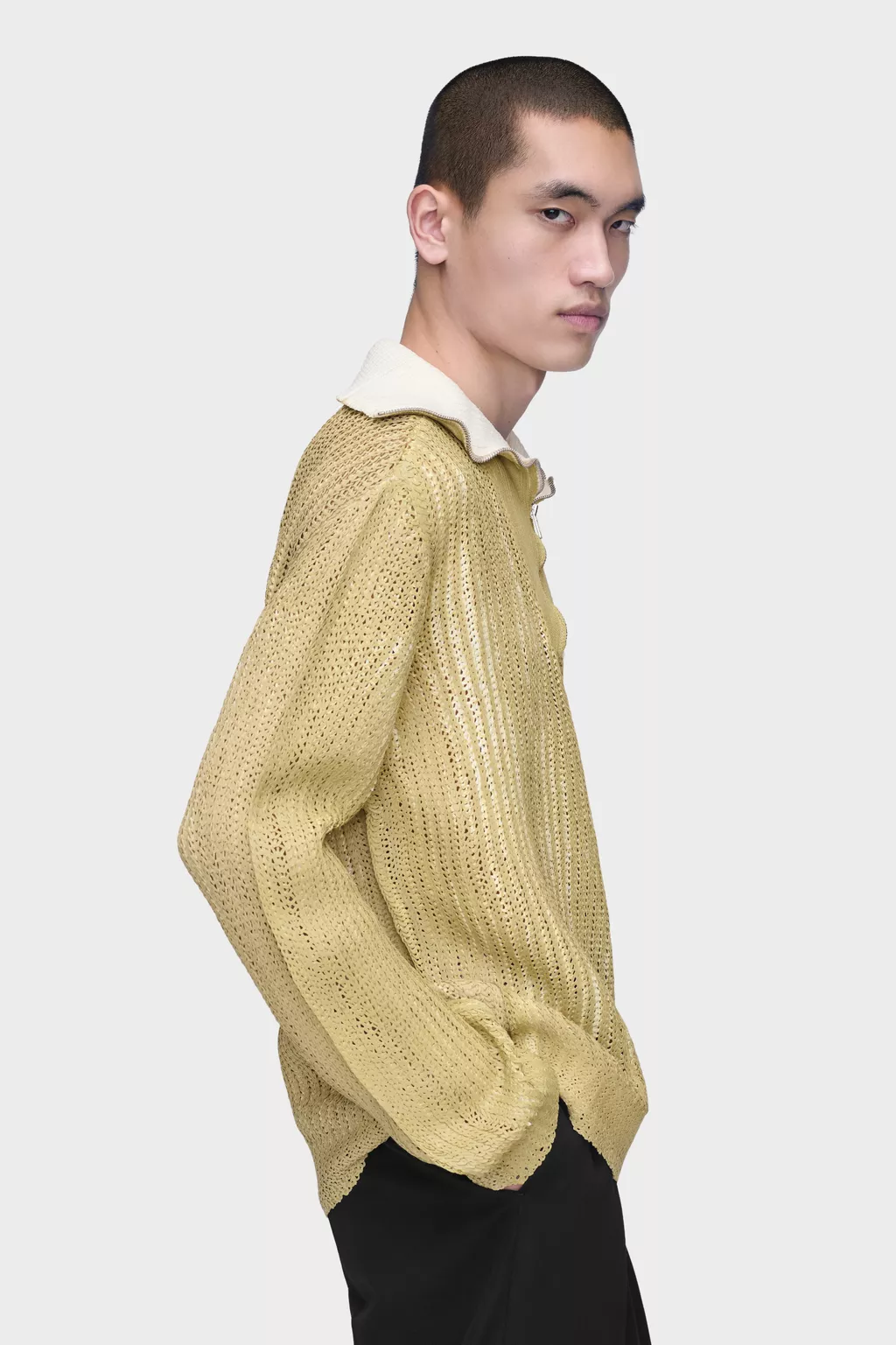 Military Green Zip-Neck Open-Knit Sweater | Maison Margiela Official