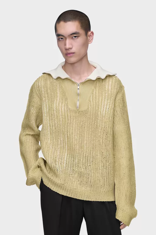 Zip-Neck Open-Knit Sweater - Knitwear