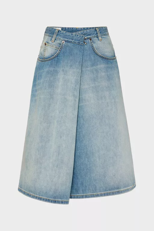 Wrap Denim Midi Skirt - Midi Skirts