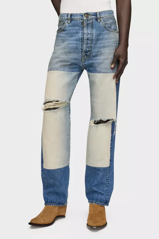 Patched Panel Straight Jeans - Denim
