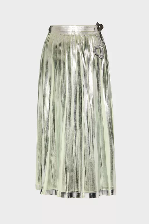 Pleated Metallic Silk Midi Skirt - Midi Skirts