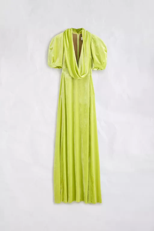 Maxikleid aus Samt mit Wasserfallausschnitt und Puff&auml;rmeln