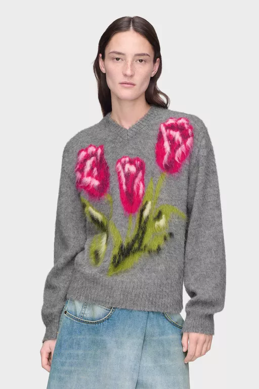 Flower Wool Sweater - V-neck