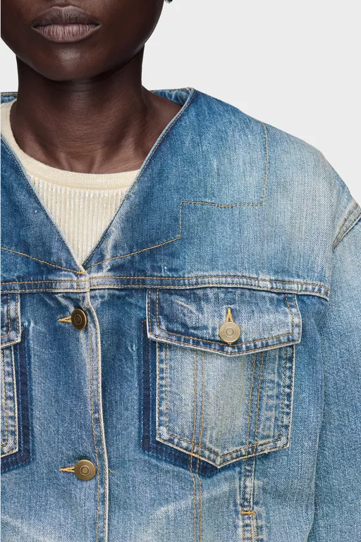 Folded Collar Denim Jacket - Jackets