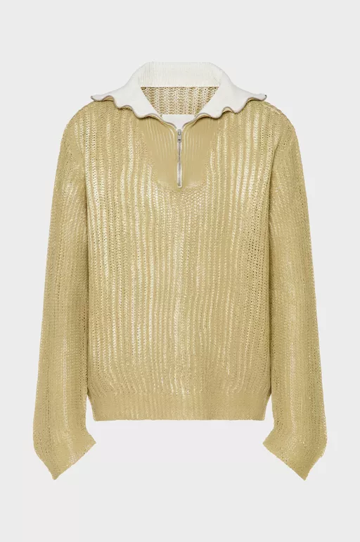 Zip-Neck Open-Knit Sweater