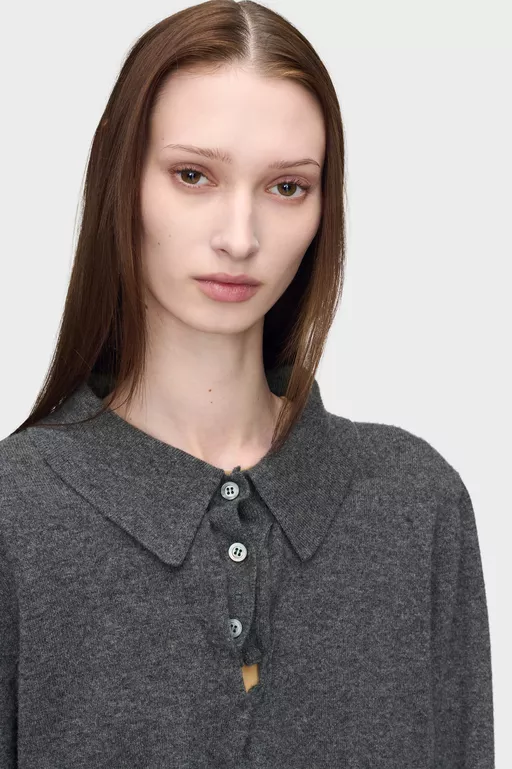 Draped Collar Wool Polo Sweater - Polos