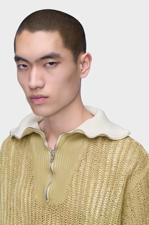 Zip-Neck Open-Knit Sweater - Knitwear
