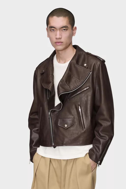 Veste en cuir biker &agrave; col pliable - Vestes