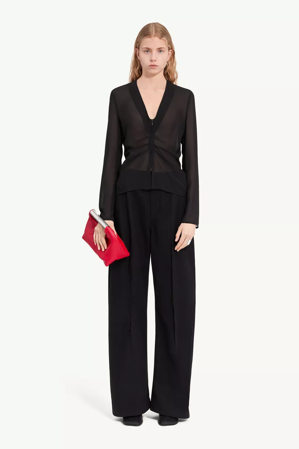 Black Gathered chiffon V-neck top | MM6 Official