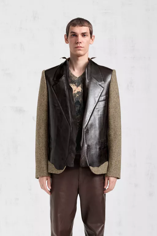 Leather Fused Herringbone Blazer - Jackets