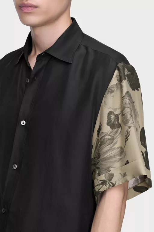 Floral Sleeve Silk Shirt - Short-sleeved Shirt