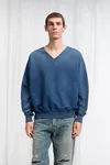 Blue - Washed V-Neck Cotton Sweatshirt
