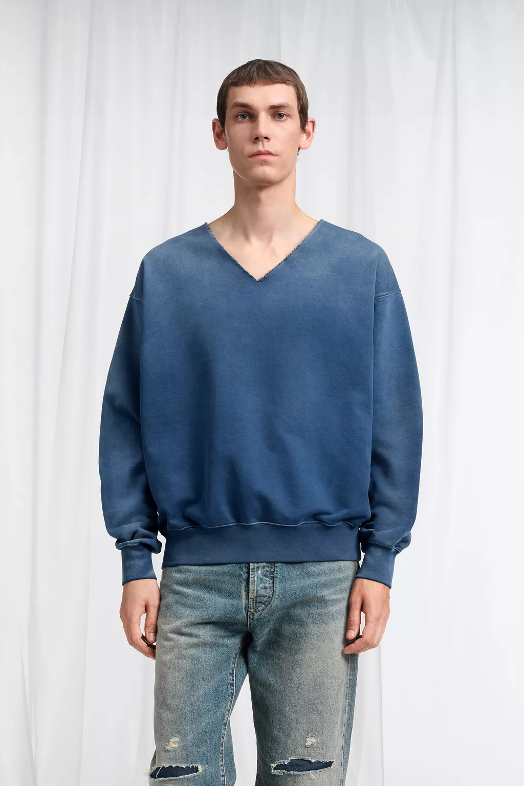 Blue Washed V-Neck Cotton Sweatshirt | Maison Margiela Official