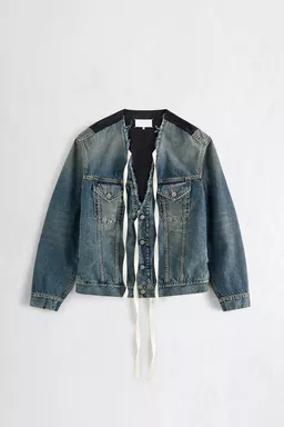 Distressed Collarless Denim Jacket - Jackets