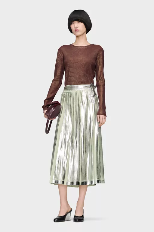 Pleated Metallic Silk Midi Skirt - Midi Skirts