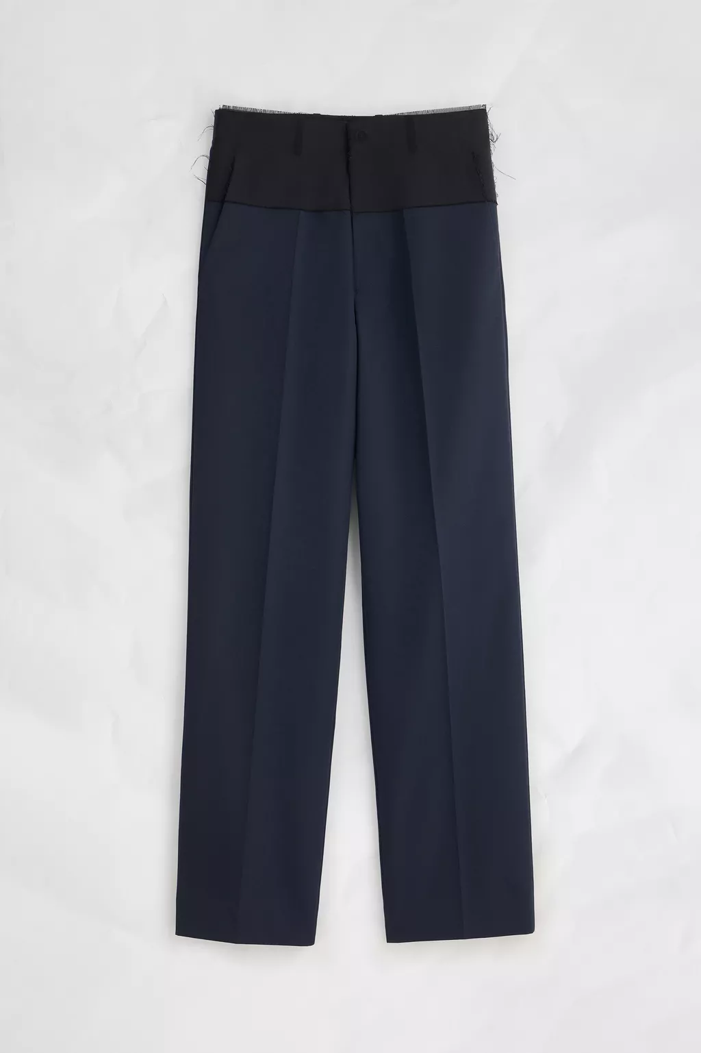 Navy Blue Assemblage Contrast Waistband Wool Trousers | Maison