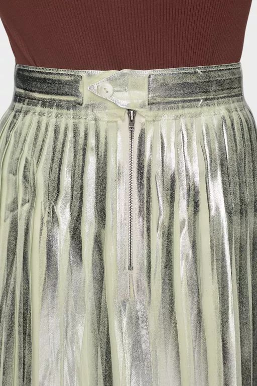 Pleated Metallic Silk Midi Skirt - Midi Skirts