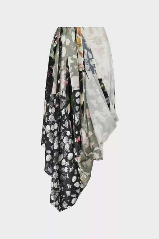 Silk Floral Draped Skirt - Midi Skirts