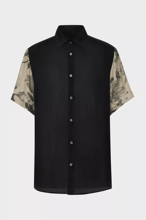 Floral Sleeve Silk Shirt - Short-sleeved Shirt