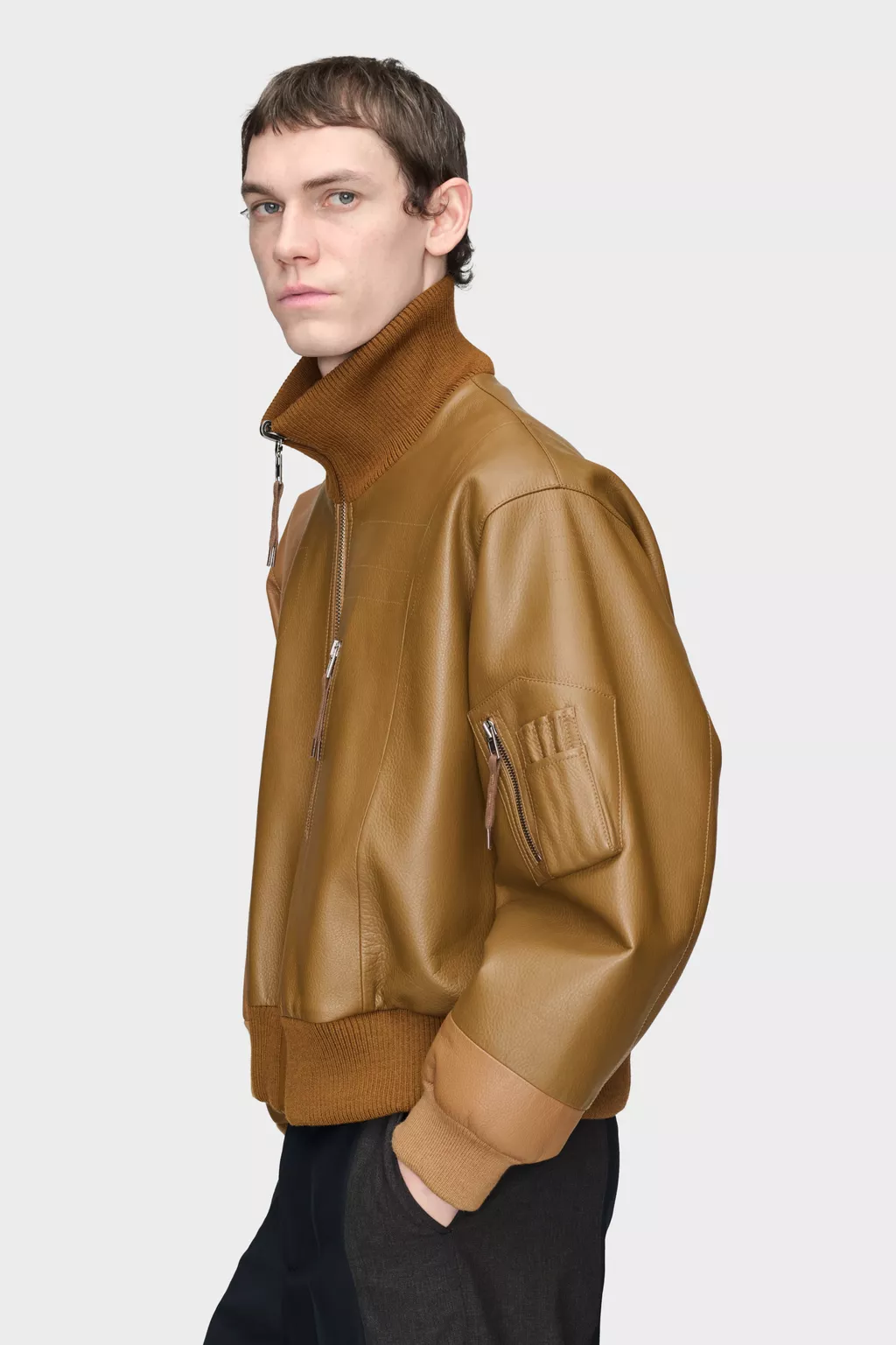 Brown Spliced Leather Bomber Jacket | Maison Margiela Official
