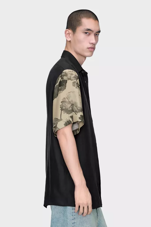 Floral Sleeve Silk Shirt - Short-sleeved Shirt
