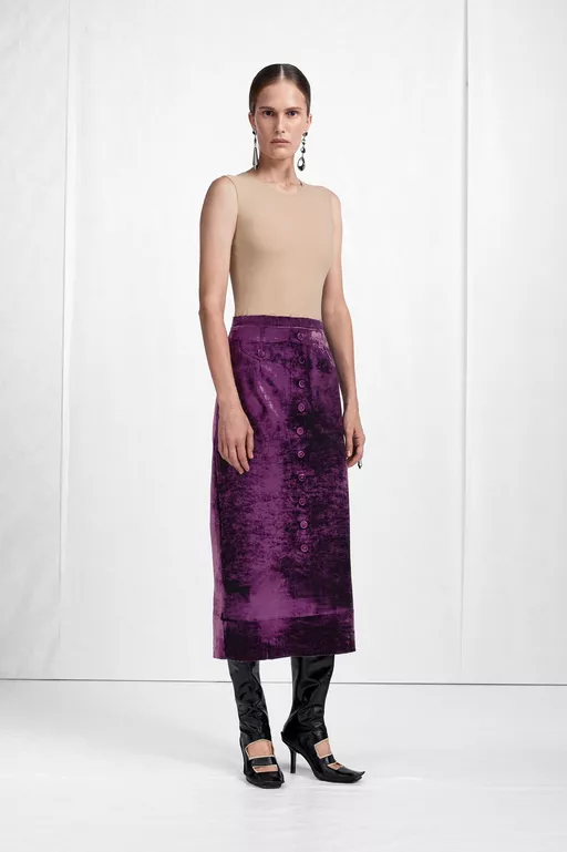 Button-Front Velvet Midi Skirt - Midi Skirts