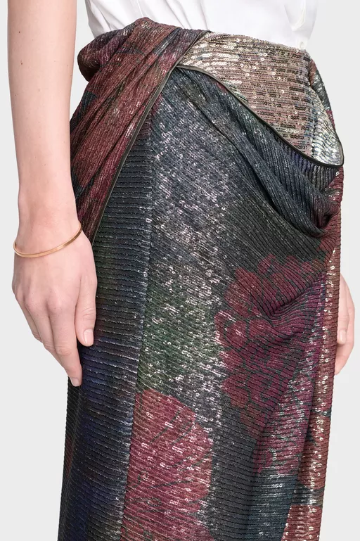 Printed Paillettes Draped Maxi Skirt - Long skirts