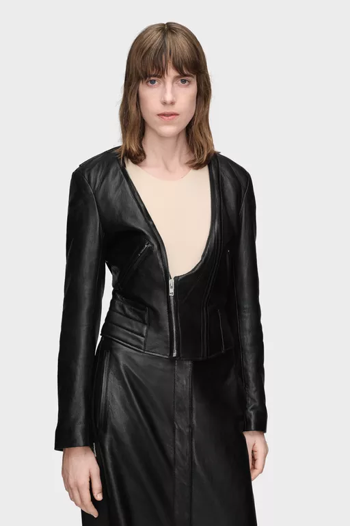 Folded Collar Leather Jacket - Jackets