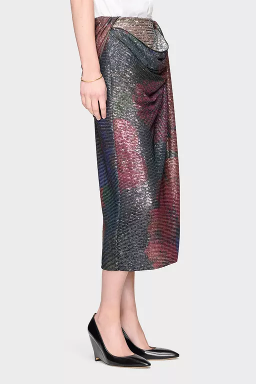 Printed Paillettes Draped Maxi Skirt - Long skirts