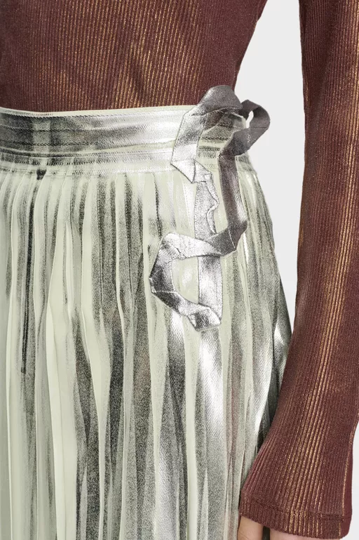 Pleated Metallic Silk Midi Skirt - Midi Skirts