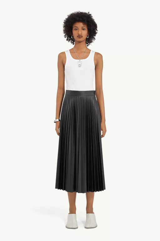 Pleated Faux Leather Midi Skirt