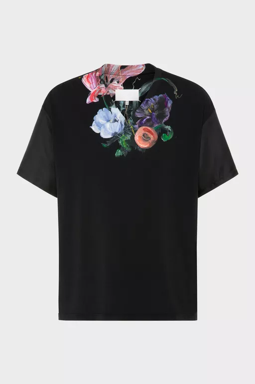 フラワープリント コットンシルクTシャツ - Tシャツ