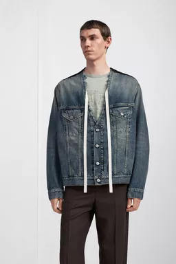 Distressed Collarless Denim Jacket - Jackets