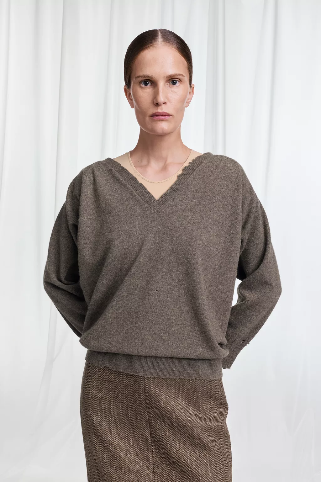 トップス Maison Margiela knit V neck sweater Mud brown Draped V-Neck Sweater | Maison Margiela Official