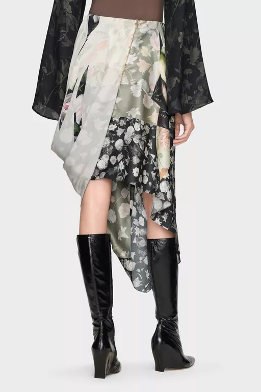 Silk Floral Draped Skirt - Midi Skirts