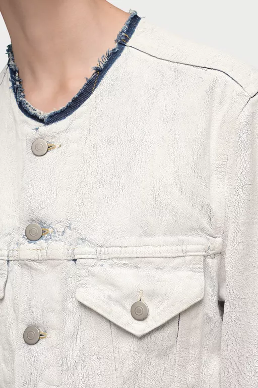 Cropped Collarless Denim Jacket - Jackets