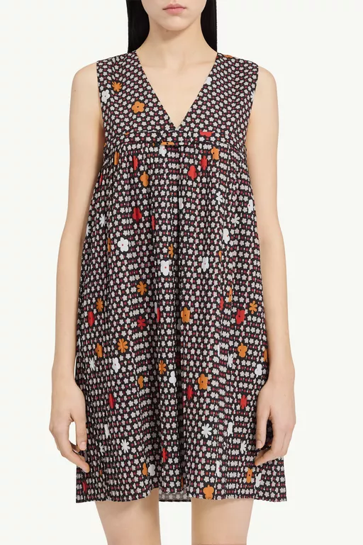 フラワープリント ノースリーブ Vネック ドレス - ショートドレス
