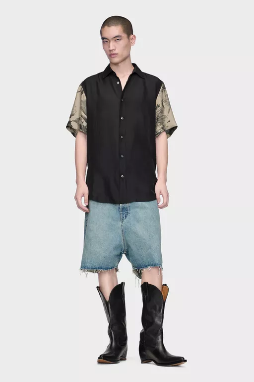 Floral Sleeve Silk Shirt - Short-sleeved Shirt