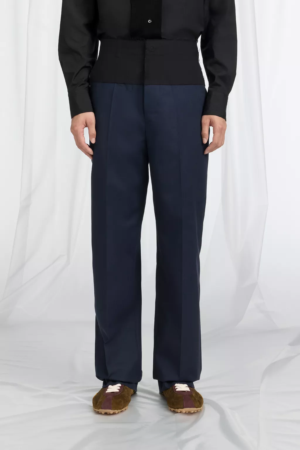 Navy Blue Assemblage Contrast Waistband Wool Trousers | Maison