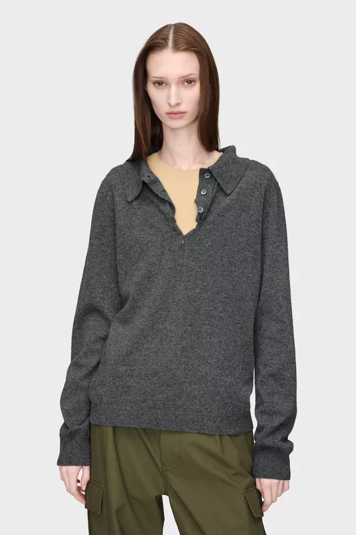 Draped Collar Wool Polo Sweater - Polos