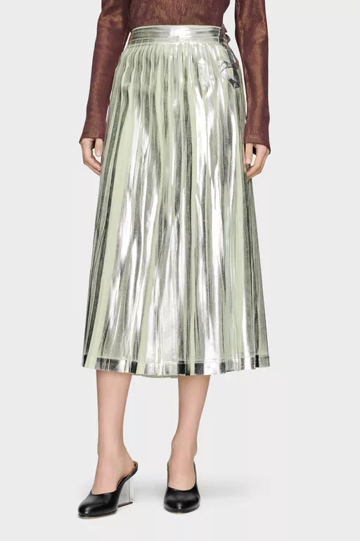 Pleated Metallic Silk Midi Skirt - Midi Skirts