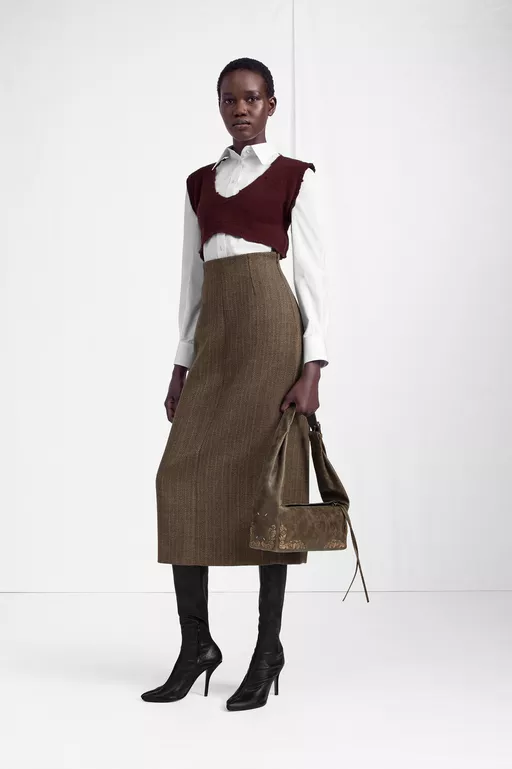 Herringbone Virgin Wool Midi Skirt - Midi Skirts