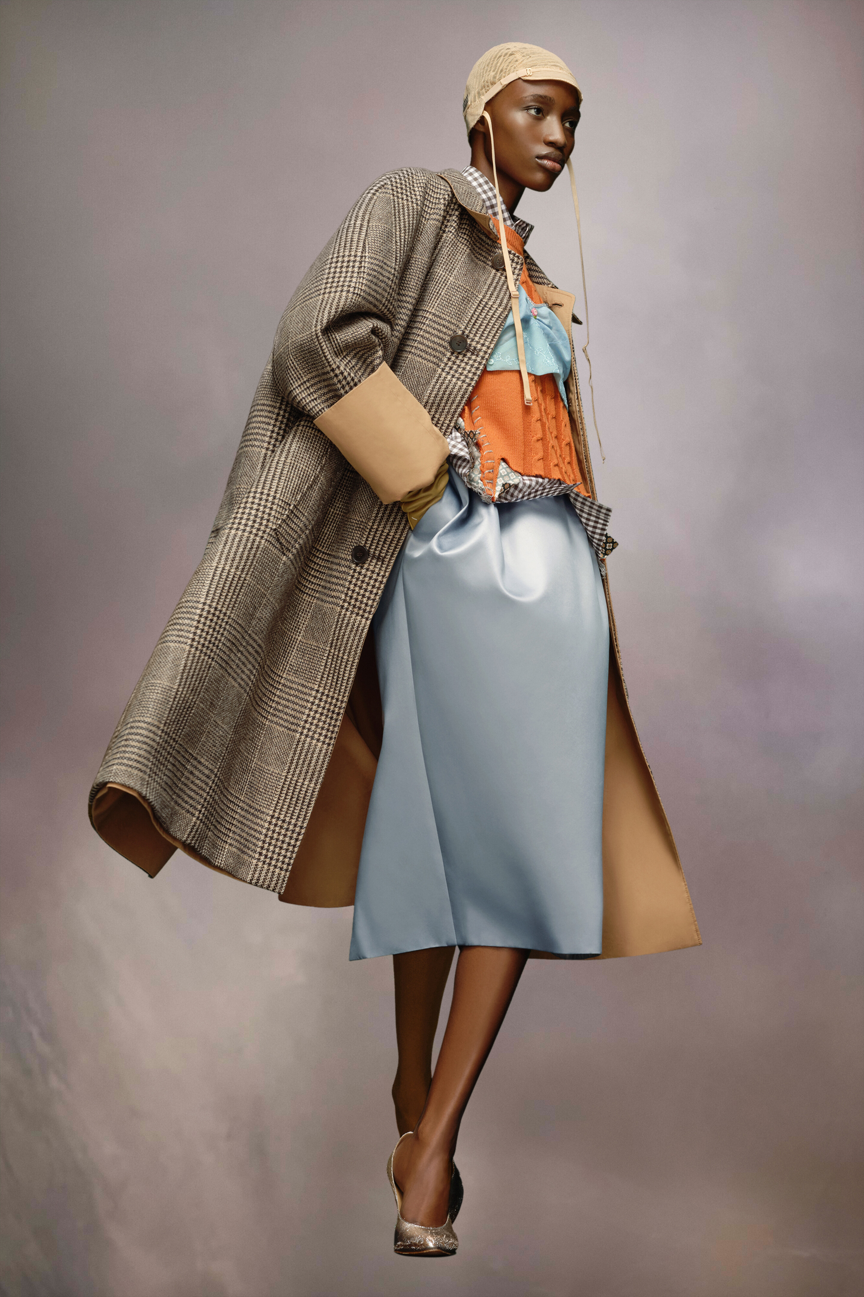 Check wool trench coat