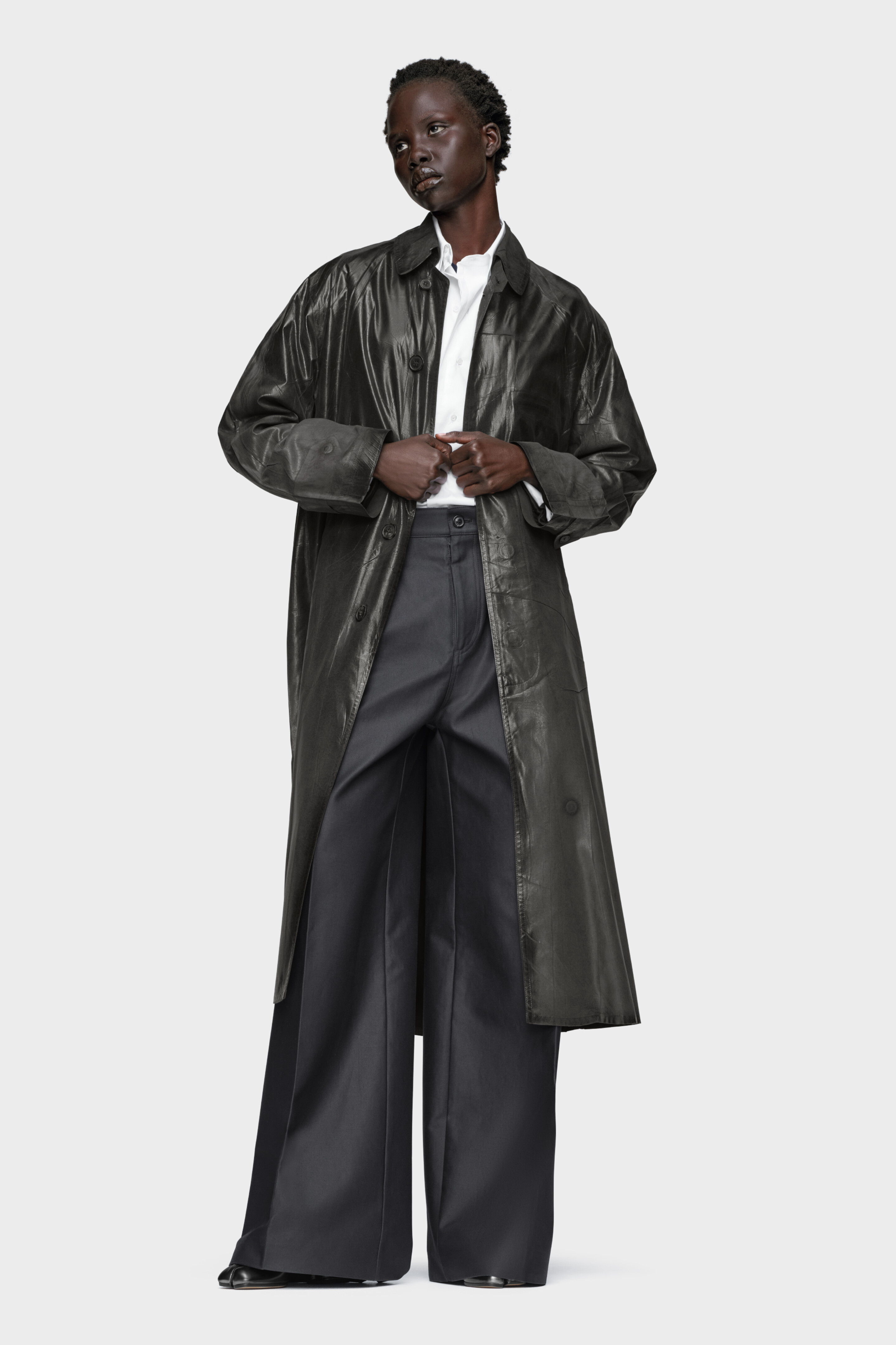 Foil-printed trench coat