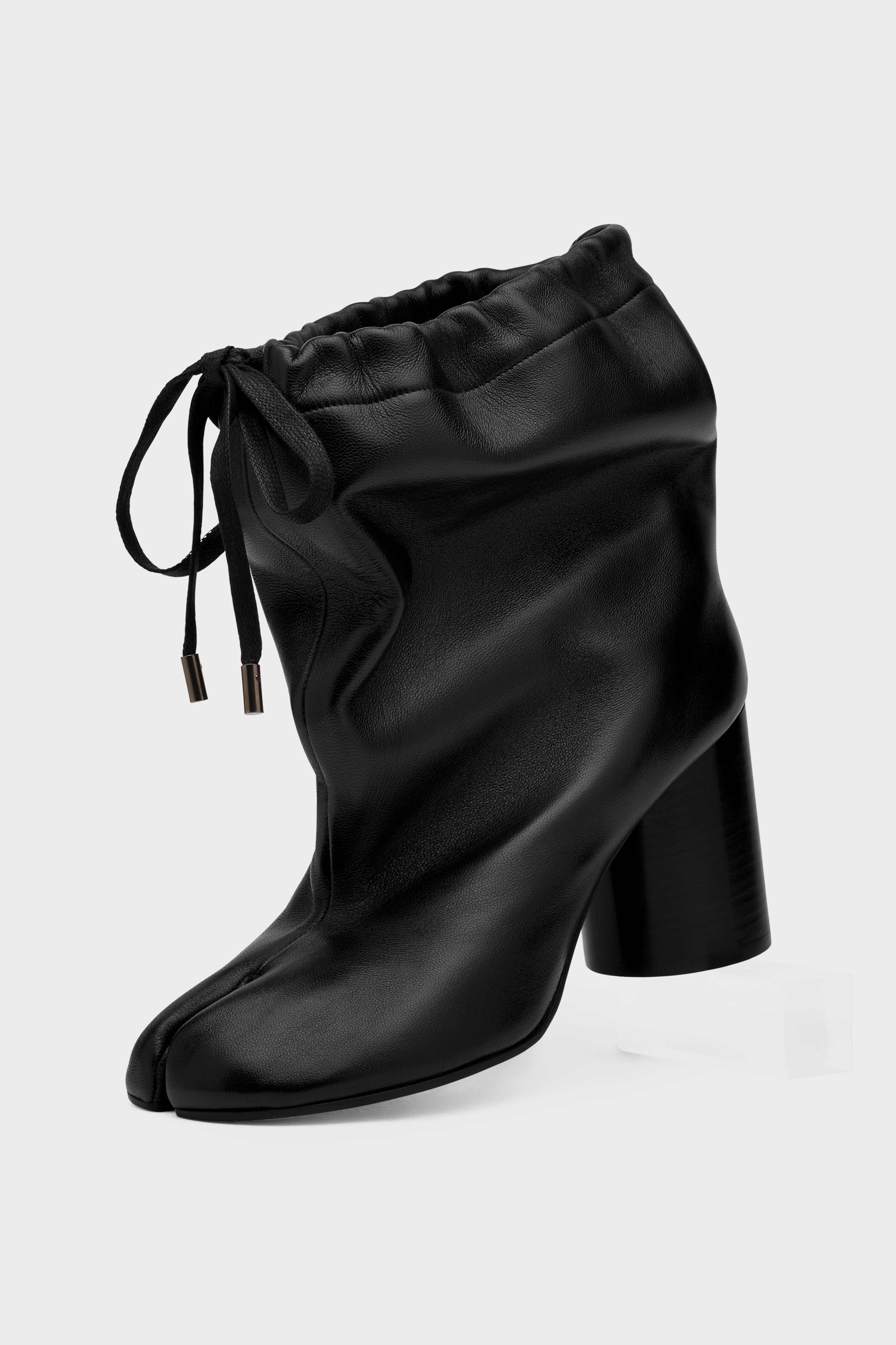 Women's Black Leather Tabi Drawstring Ankle Boots