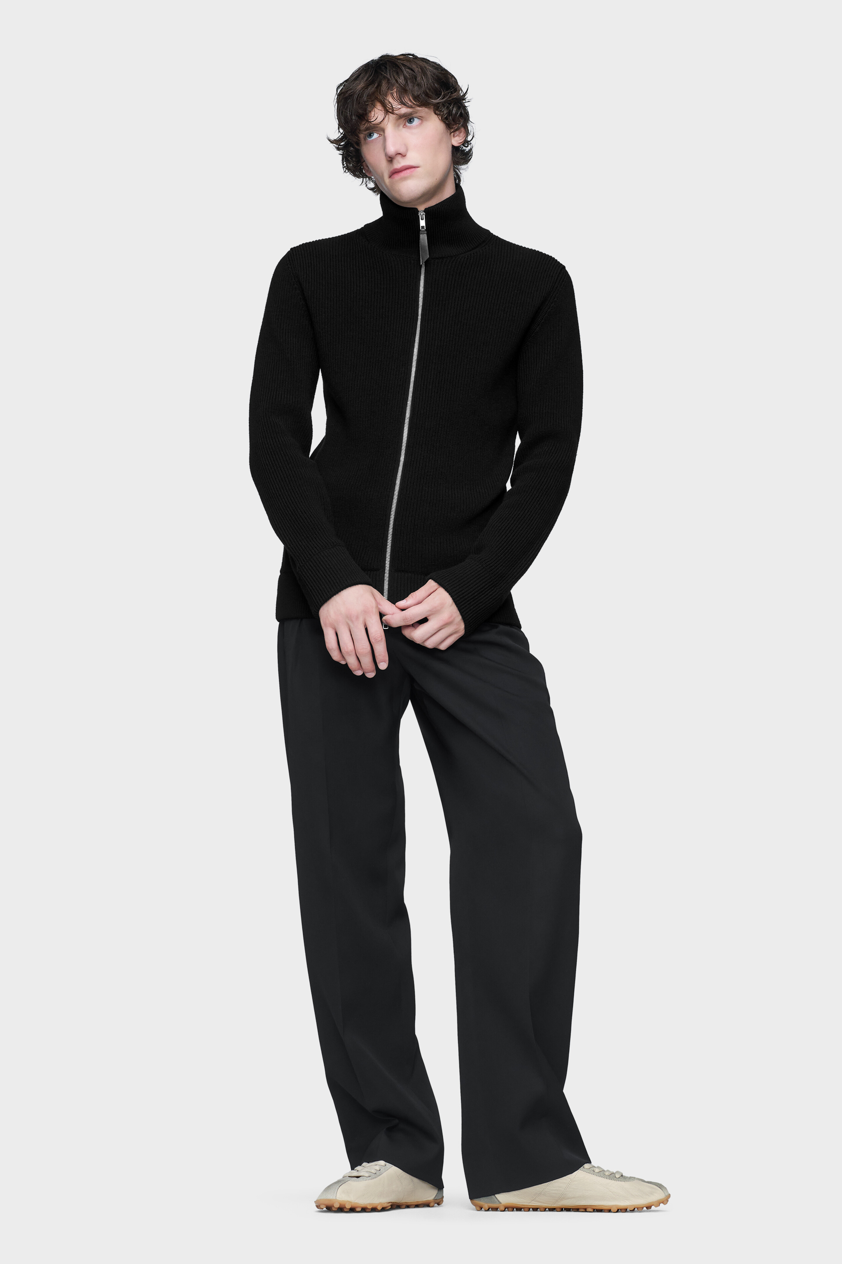 Men's Black Cotton & Wool Knit Zip-Up Cardigan