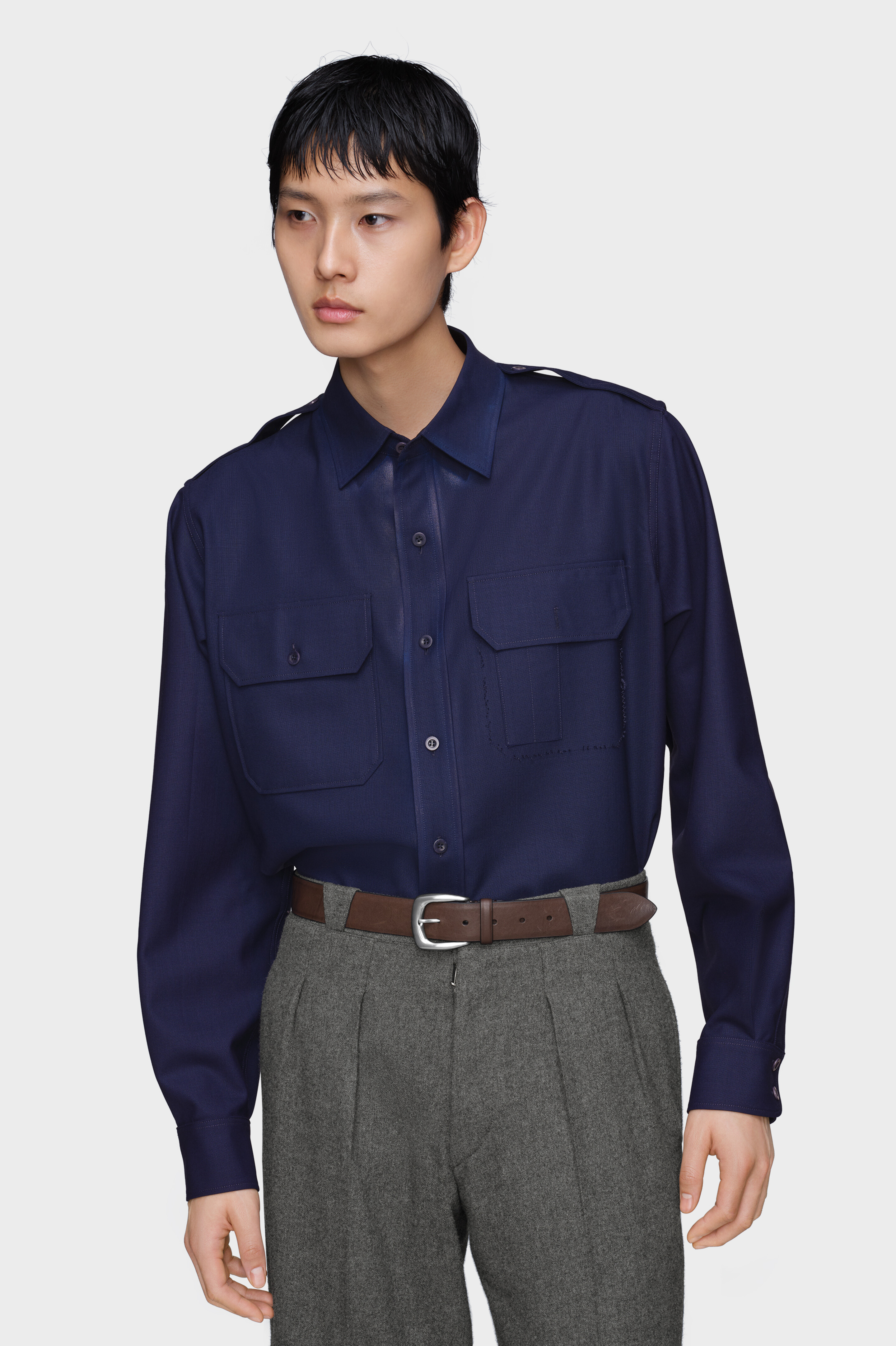 Men's Blue Wool Long-Sleeved Shirt | Maison Margiela