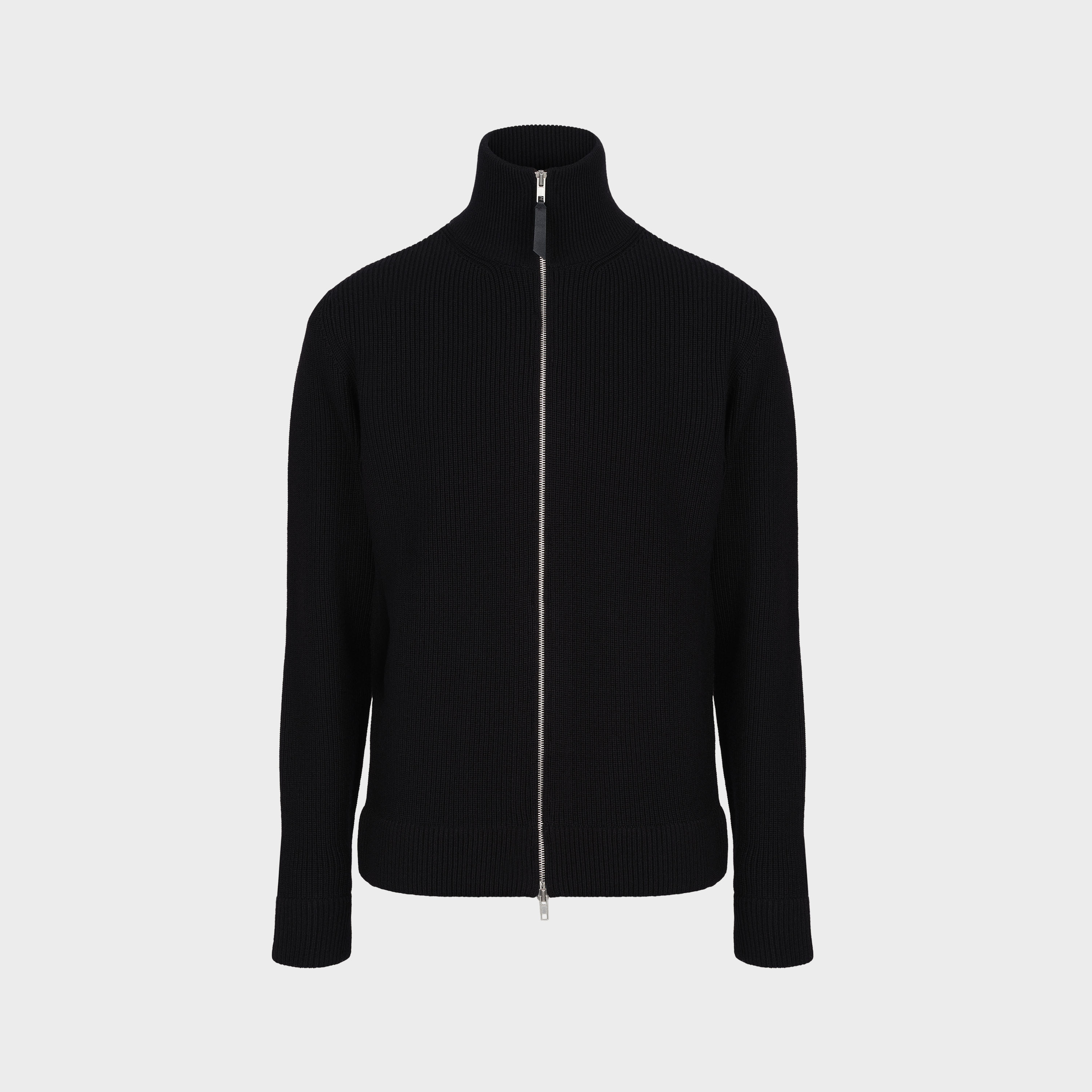 Men's Black Cotton & Wool Knit Zip-Up Cardigan