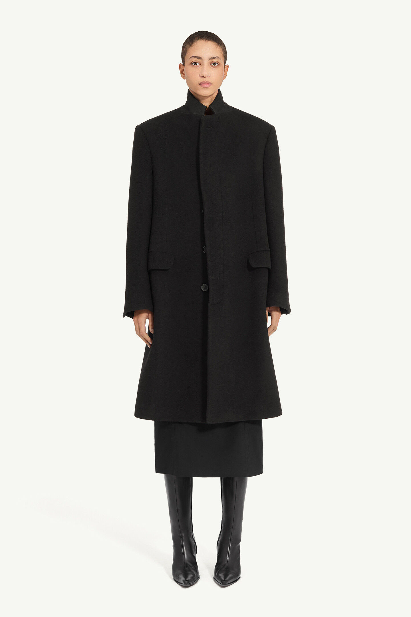 スタンドカラー ウールブレンドコート